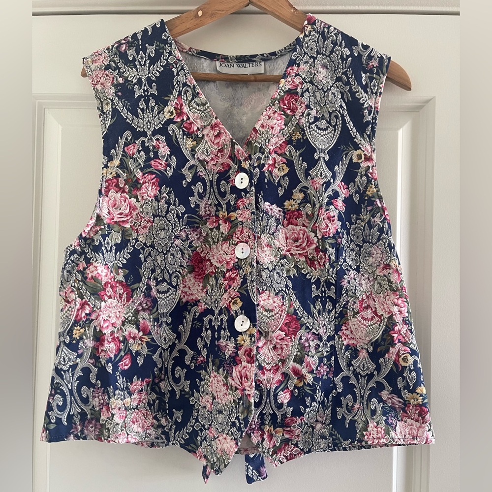 Joan Vass Navy Floral Button-Up Vest